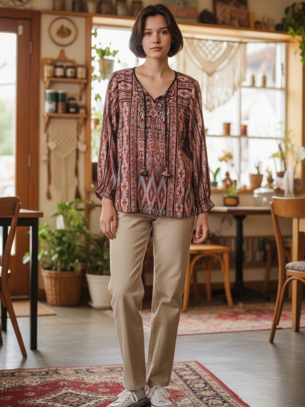 Kim Gravel Woven Boho Tie-Front Blouse in Pink Multi-NWOT